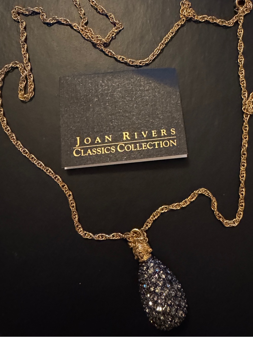 Joan Rivers Gold Chain Necklace with Dark Crystal Teardrop Pendant